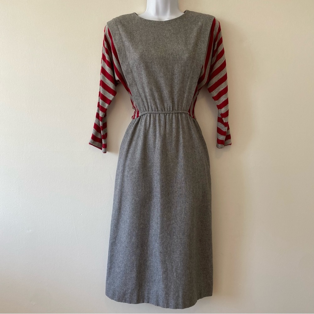 Vintage Charles Alan apron pinafore style dress gray and red  wool blend